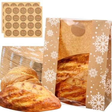Imagem de Feifeiya 100 sacos de pão de papel kraft para pão de fermento caseiro com janela transparente e adesivos de vedação, embalagem grande de padaria marrom para armazenamento de pães lanches (floco de