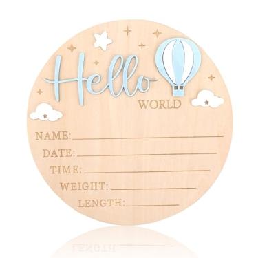 Imagem de Placa de Anúncio Nascimento, Placa de Madeira Redonda 15cm Bebê Hello World com Balões ar Quente 3D Nuvens e Estrelas para Decoração Casa Hospital Berçário Além Ser Ótimo Acessório Fotos
