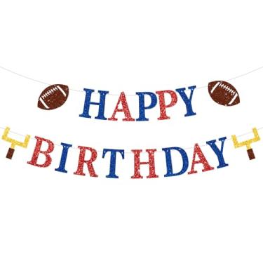 Imagem de Decoração de festa de aniversário de futebol com glitter, faixa pré-amarrada de feliz aniversário com placa de poste de gol de futebol para suprimentos de festa com tema esportivo (azul vermelho)