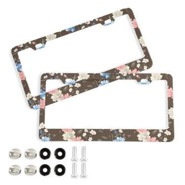 Imagem de SEHANY Molduras de placa de licença de flores florais coloridas, capas de moldura de placa de carro de alumínio à prova de ferrugem com orifícios elípticos e parafusos serve para veículos padrão dos