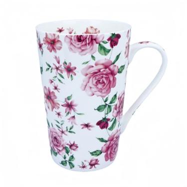 Imagem de YUESITE Caneca de café de 368 g Bone China alta rosa para mulheres caneca de café floral xícaras de chá xícaras de café presente para mulheres mães amigas