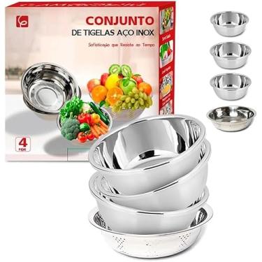 Imagem de Conjunto de Bowls e Escorredor em Aço Inox, 5 Peças, Tigelas Multiuso para Cozinha, Preparo e Armazenamento de Alimentos