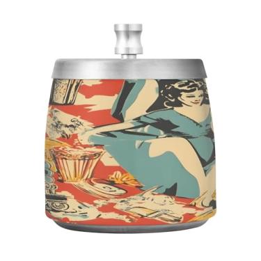 Imagem de JUZIHAI Cinzeiro de filme vintage com tampa, cinzeiro de aço inoxidável inodoro à prova de vento cinzeiro sem fumaça para escritório em casa, pátio, varanda, cigarro