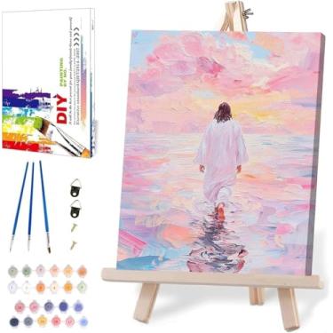 Imagem de Kits de pintura por números Jesus para adultos com tela emoldurada - com cavalete de madeira, pintura de artista cristão religioso rosa por número em tela, kits de pintura a óleo acrílica DIY para