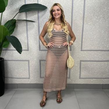 Imagem de Vestido Saida De Praia Longo Feminino Crochê Trico Estilosa Tendência 