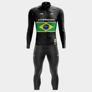 Imagem de Conjunto de Ciclismo Camisa Brasil Champion PRO Manga Longa com Bolsos Traseiros e Calca Forro Gel-Feminino
