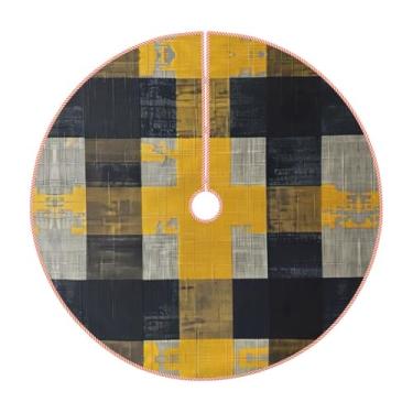 Imagem de Saia de árvore de Natal com estampa xadrez amarela e cinza, decoração rústica, decoração de festa de inverno e ano novo