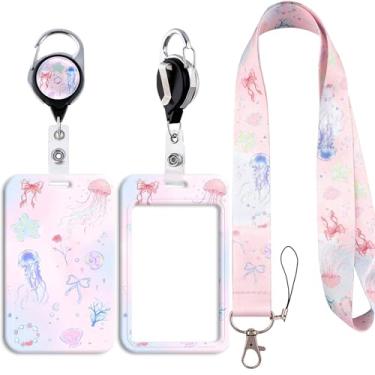 Imagem de Cordão de fantasia para crachás de identificação, suporte de crachá vertical com clipe retrátil para chaveiro com suporte de identidade, protetor de cartão de nome para mulheres, professoras