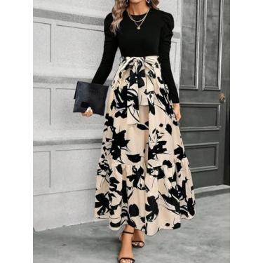 Imagem de Vestido midi floral preto e bege - Vestido longo com manga bufante e cintura amarrada em camadas, Damasco, Small