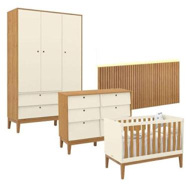 Imagem de Quarto de Bebê Unique 3 Portas com Cômoda 6 Gavetas e Painel Ripado co