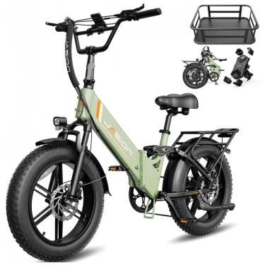 Imagem de Bicicleta elétrica dobrável Jasion X-Hunter ST verde com cesto traseiro pneus 20x4 moto...
