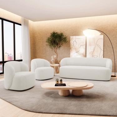 Imagem de Kit 02 Poltronas Giratória e 01 Sofá Orgânico Leez 170cm 02 Lugares Bouclê Off White - Abmaza