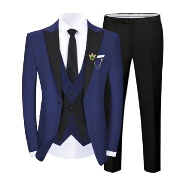 Imagem de SPTALLFITJSV Terno masculino de smoking slim fit 3 peças para casamento, formatura, noivo, moderno, blazer de um botão, conjunto de calça, Azul marinho, P