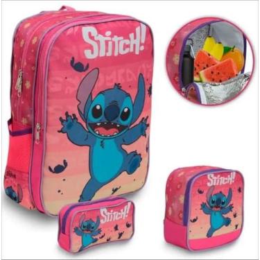 Imagem de Kit Mochila Escolar de Costa Menina Stitich Rosa Com Lancheira Termica
