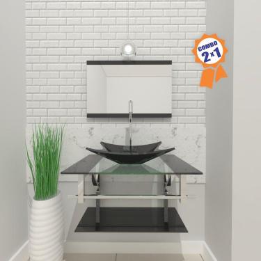 Imagem de Combo 2 em 1 Gabinete de Vidro 60cm para banheiro Cuba Retangular San Marino Inox + Torneira Algarve