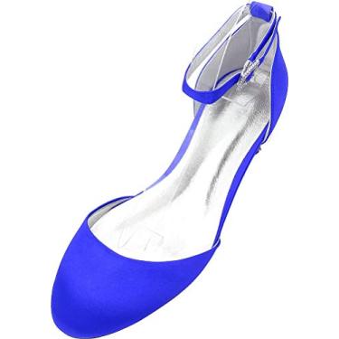 Imagem de Sapato feminino Dorsay sapatilha bico redondo casamento fivela, Azul, 8