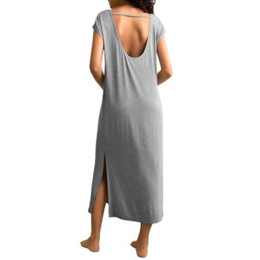 Imagem de MakeMeChic Vestido feminino liso com decote em V e coxa, manga cavada, frente única, pijama, vestido de dormir, Cinza, P