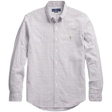 Imagem de POLO RALPH LAUREN Camisa masculina de botão Oxford de manga comprida com ajuste clássico, Vinho branco multi, GG
