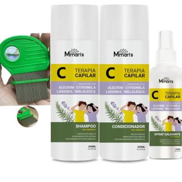 Imagem de Kit Combate Piolhos e Lêndeas M Mari's Terapia Capilar + Pente Fino Aço Inox Shampoo Condicionador Spray Sem Enxague