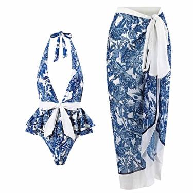 Imagem de Conjuntos de vestidos de verão femininos vestidos de verão para mulheres, conjuntos de biquíni de renda chiffon para praia, T-386 Azul royal, G