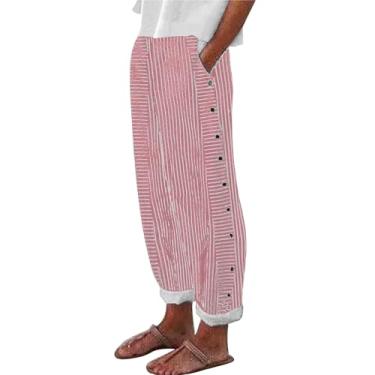 Imagem de Elogoog Calça feminina de linho de cintura alta plus size Y2K streetwear calça leve primavera verão calça lisa, Vermelho #2, P