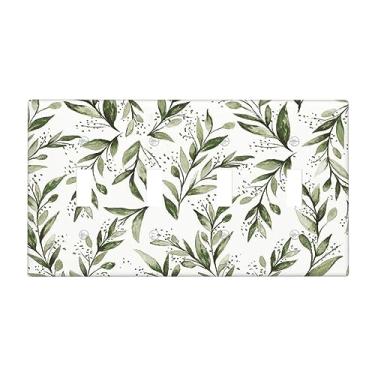 Imagem de Capa de interruptor de luz verde branco eucalipto folha de oliveira quádruplo decorativo sálvia floral 4 gangs placa de parede placa elétrica para casa de fazenda banheiro quarto sala de estar