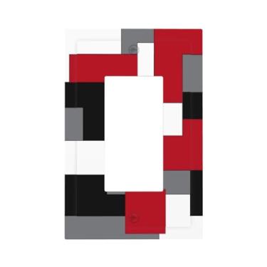 Imagem de 1 Gang Single GFCI/Decorator Rocker Outlet Light Switch Wall Plate Cover Modern Abstrato Vermelho Preto Cinza Cinza Branco Geométrico Xadrez Meados do Século Decorativo Um Dispositivo Placa Frontal
