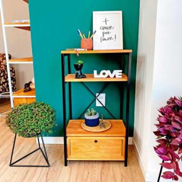 Imagem de Aparador de Ferro e Madeira Style Slim Industrial Uno com Gaveta Carva