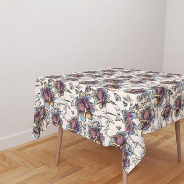 Imagem de Toalha De Mesa Quadrada 4 Lugares Tecido Oxford Rosas e Borboletas Aqu