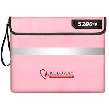 Imagem de ROLOWAY Bolsa para documentos à prova de fogo (35,5 x 28 cm) com camada de alumínio atualizada de 2,871 °C, bolsa à prova de fogo para documentos com tira refletiva e zíper (rosa)