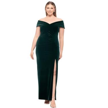 Imagem de Xscape Vestido feminino longo de veludo tomara que caia com fenda na perna e zíper central nas costas, Verde, 58