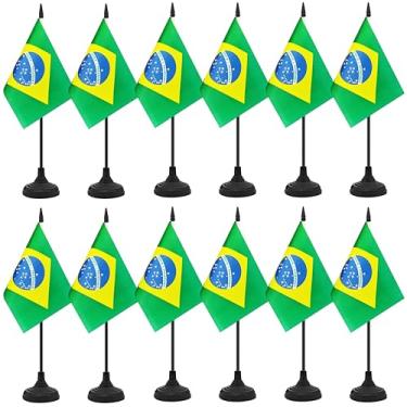 Imagem de Conjunto de 12 bandeiras de mesa do Brasil, bandeira de escritório de mesa brasileira, pequena bandeira de mesa em miniatura com mastro preto e base preta, sala de aula, decoração de mesa de reunião