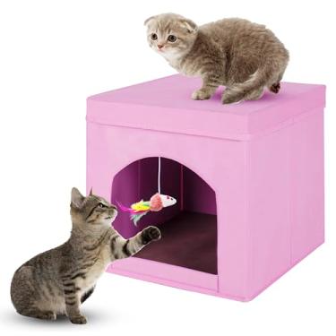 Imagem de ShellKingdom Casa Dobrável para Gatos, Cubo Dobrável para Gatos E Caverna para Gatos com Cama, Banco para Gatos, Condomínio para Presentes de Gatos Internos, 13 X 13 X 13 Polegadas (Rosa)
