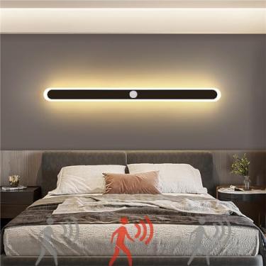 Imagem de Luminária de parede com sensor de movimento, faixa longa de LED, luminária de parede acrílica, moderna, minimalista, preta, iluminação de parede para escada interna, iluminação de parede par