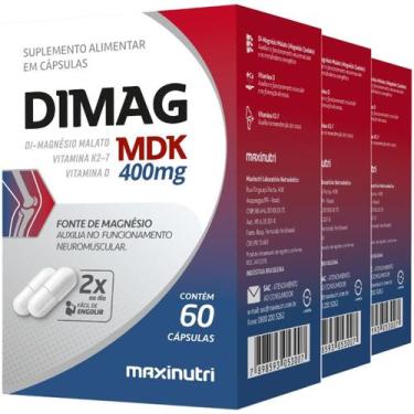 Imagem de Kit 3 Di Magnésio Malato Vitamina K2 Vitamina D Dimag MDK 400mg Maxinu