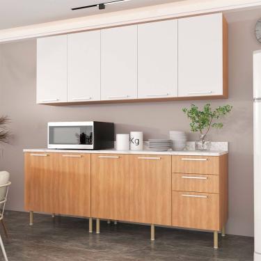 Imagem de Cozinha Compacta Girassol CZ1100 200cm 04 Peças 09 Portas e 03 Gavetas com Divisor de Talheres Freijó Mármore Branco Tecnomobili