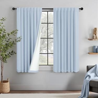 Imagem de Cortinas blecaute azul bebê para berçário 137 cm comprimento 2 painéis kawaii curto bloqueio de luz escurecimento de quarto de algodão pesado texturizado preto cortina para quarto de crianças meninas