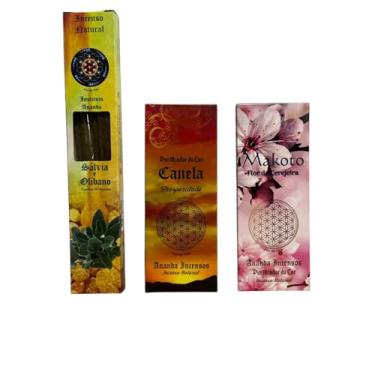Imagem de Incensos Naturais, Kit com 3 Variedades: Sálvia com Olíbano, Canela e Makoto Flor de Cerejeira