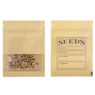 Imagem de MITOB Pacote com 100 envelopes pequenos de moedas de sementes resseláveis com janela transparente de 7 x 9,5 cm de papel kraft marrom, pacotes de sementes, envelopes com modelo de coleta de sementes