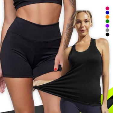 Imagem de Kit Conjunto Fitness SHORT Legging BÁSICO Cós Alto +  Regata Malha Fri