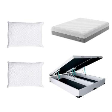 Imagem de Cama Box Baú Martin Premium com Colchão Queen Sublime Mola Ensacada e Espuma Viscoelástica (32x158x198) e 2 Travesseiros Guldi Soft Nasa Branco