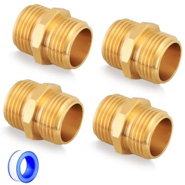 Imagem de UNWAVER Conexões de mangueira de jardim de latão sólido conectores macho adaptador de latão resistente acoplador líder de torneira macho duplo conector de mangueira de água (3/10.2 cm) 4 peças