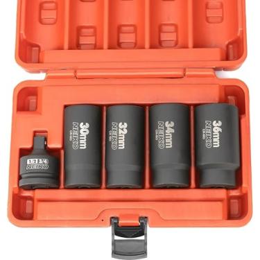 Imagem de NEIKO 02530A Conjunto de soquetes de 12 pontos com 5 peças, acionamento de 1/5.1 cm - Removedor de porca, soquetes de eixo e porca de eixo, métrico 30 mm - 36 mm, adaptador de impacto Cr-Mo, redutor