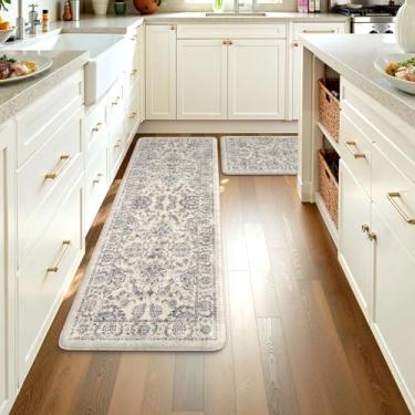 Imagem de KIMODE Tapetes de cozinha para chão acolchoados antifadiga 2 peças, tapetes de cozinha boho florais antiderrapantes 50,8 cm x 149,9 cm + 50,8 cm x 81,3 cm, tapete de cozinha largo de espuma