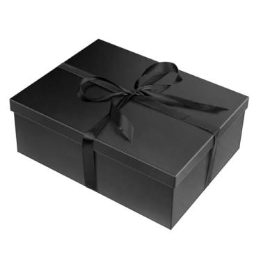 Imagem de ysmile Caixa de presente preta com tampa para presente, caixa de presente dobrável extra grande com fita de papel de enchimento para aniversário de aniversário 16,5 x 12,5 x 5,9