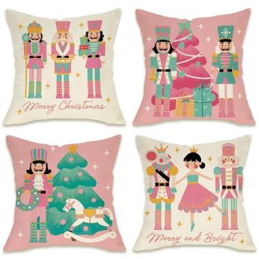 Imagem de Fahrendom Conjunto de 4 fronhas decorativas para quebra-nozes Merry Christmas, 40,6 x 40,6 cm, árvore de Natal rosa, varanda, pátio, exterior, capa de almofada de sofá de inverno, decoração de casa