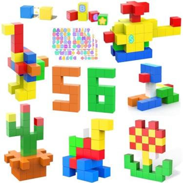 Imagem de AOMACO 56 blocos magnéticos grandes de 3,3 cm/1,3 pol. Cubos educativos de construção pré-escolar para meninos e meninas, blocos magnéticos empilháveis, brinquedos de construção sensoriais para