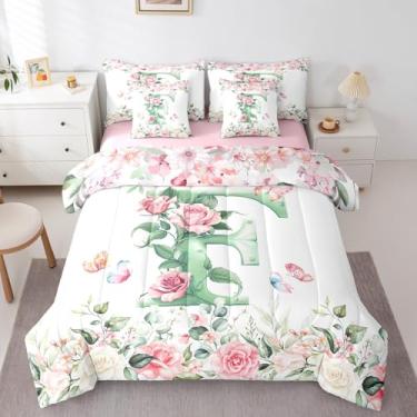 Imagem de Erosebridal Conjunto de cama infantil, monograma, letra F, solteiro, 7 peças, personalizado, letra F, para decoração de quarto de meninos e meninas, conjunto de cama de jardim e borboletas florais