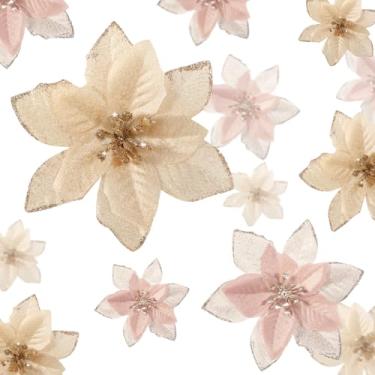 Imagem de WILLBOND 24 peças, 3 tamanhos, flores de poinsétia com glitter, casamento, flores falsas, enfeites de decoração de Natal para árvore ao ar livre (8,2/10/15 cm, champanhe e ouro rosa)