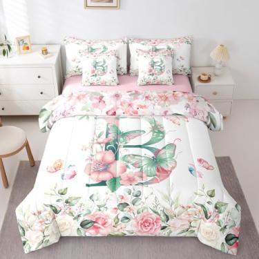 Imagem de Erosebridal Conjunto de cama infantil, monograma, letra B, solteiro, 7 peças, personalizado, letra B, para decoração de quarto de meninos e meninas, conjunto de cama de jardim e borboletas florais
